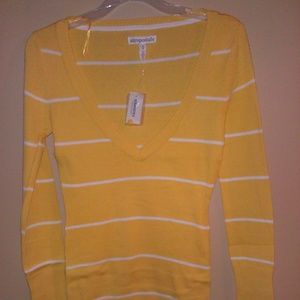 Aeropostale Yellow/White striped V Neck Sweater S